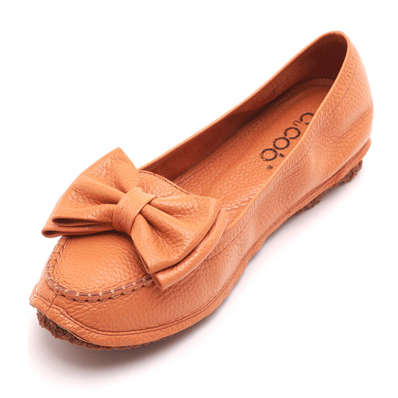 cucob库奇卡勃 新款女鞋头层牛皮蝴蝶结平跟浅口手工缝线女士单鞋 墨