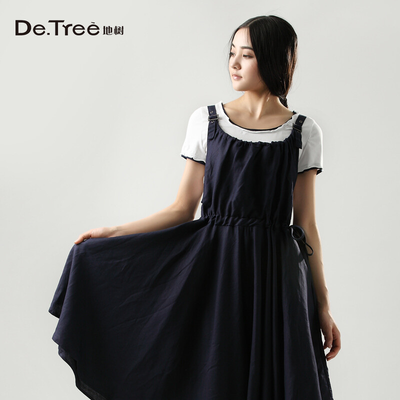 detree地树 2014新款女装夏装假两件背带式荷叶边连衣裙2321222 深