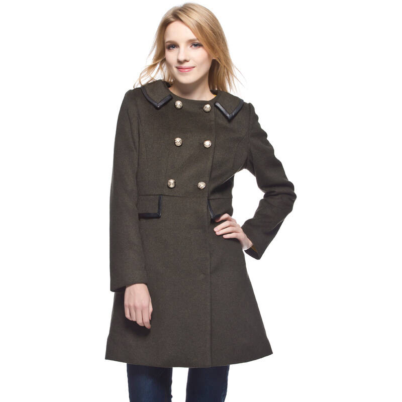 艾格etam 冬季 双排扣长款毛呢军装大衣 13013409134 军绿色 170/40/l