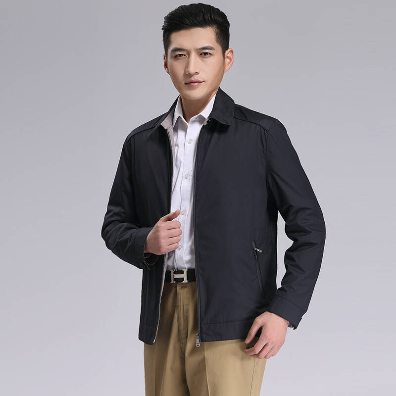 乐府中老年男装中年男士春装夹克外套翻领休闲夹克衫爸爸装8608 蓝色