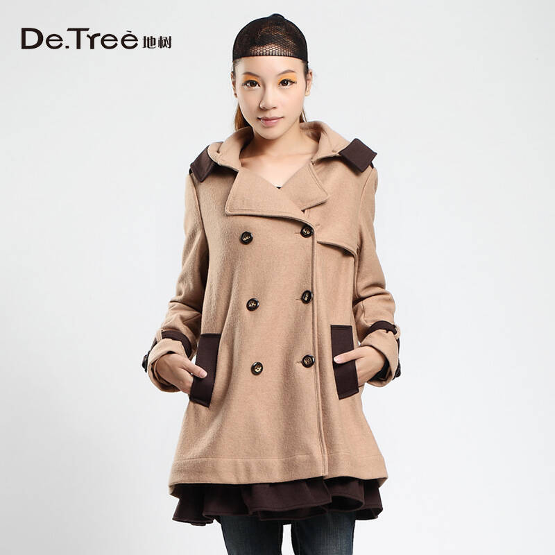 detree地树 2013新款女装冬装外套裙摆拼色毛呢大衣韩版2242503 红棕