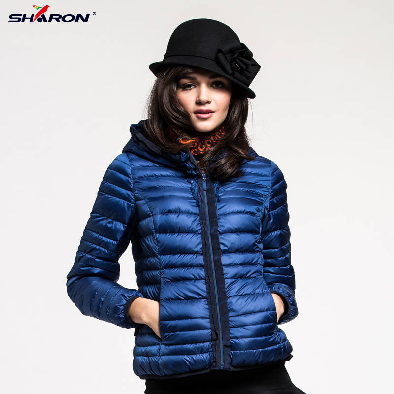 2013雪伦新款时尚女装 短款连帽轻薄羽绒服63351 75060卡特蓝 160/84a