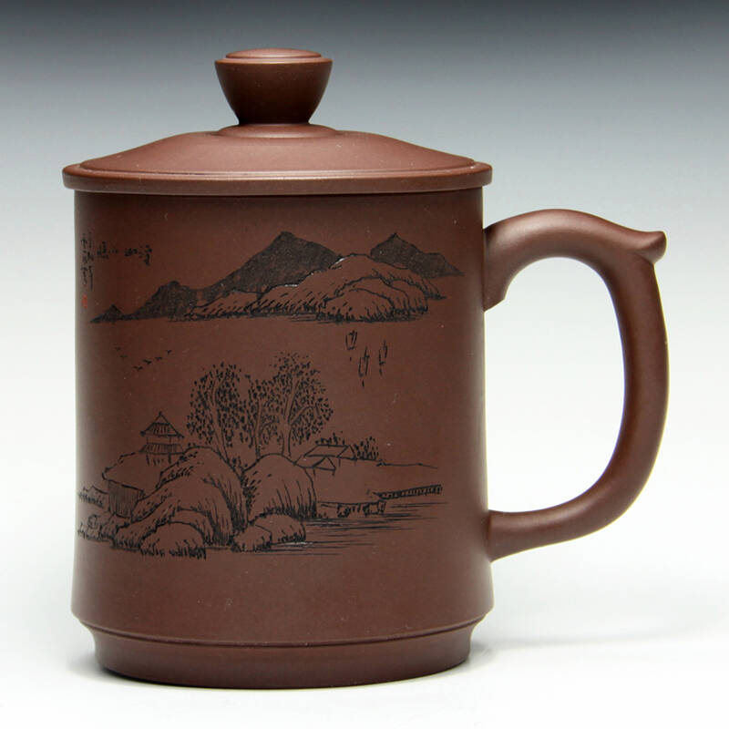 山明水秀杯 陶缘记品牌直销 高档宜兴紫砂杯 手工刻绘山水图 原矿优质