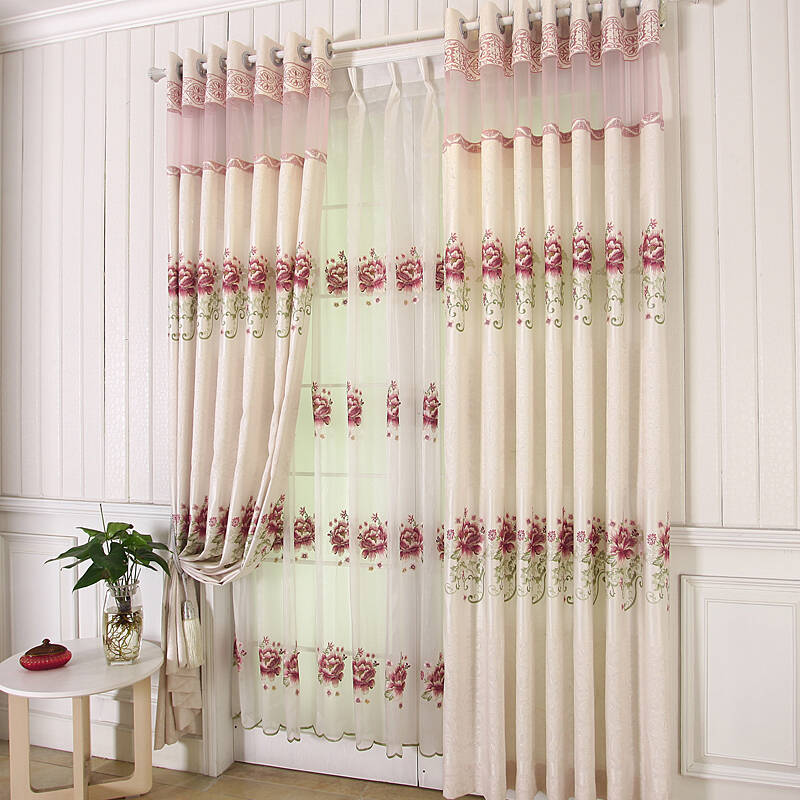 红山玉窗帘布艺成品定制 高档简约欧式客厅绣花遮光布飘窗窗帘 粉色