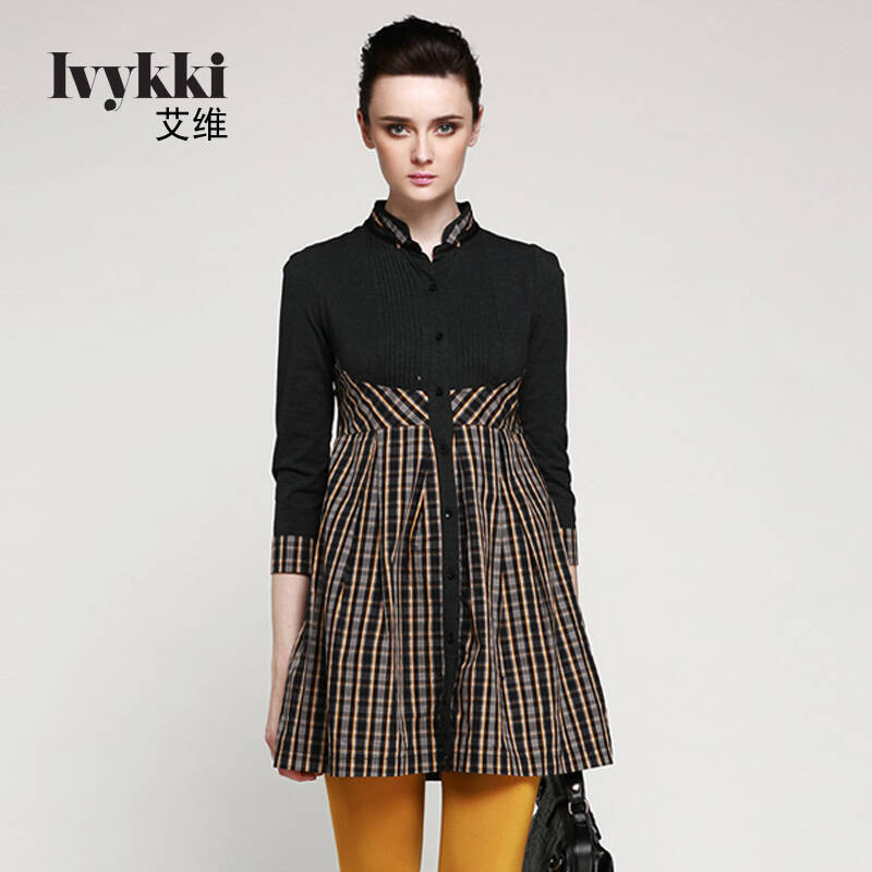 ivykki艾维女装 简约立领拼接褶皱中长款连衣裙子 秋 橘黄 m/38