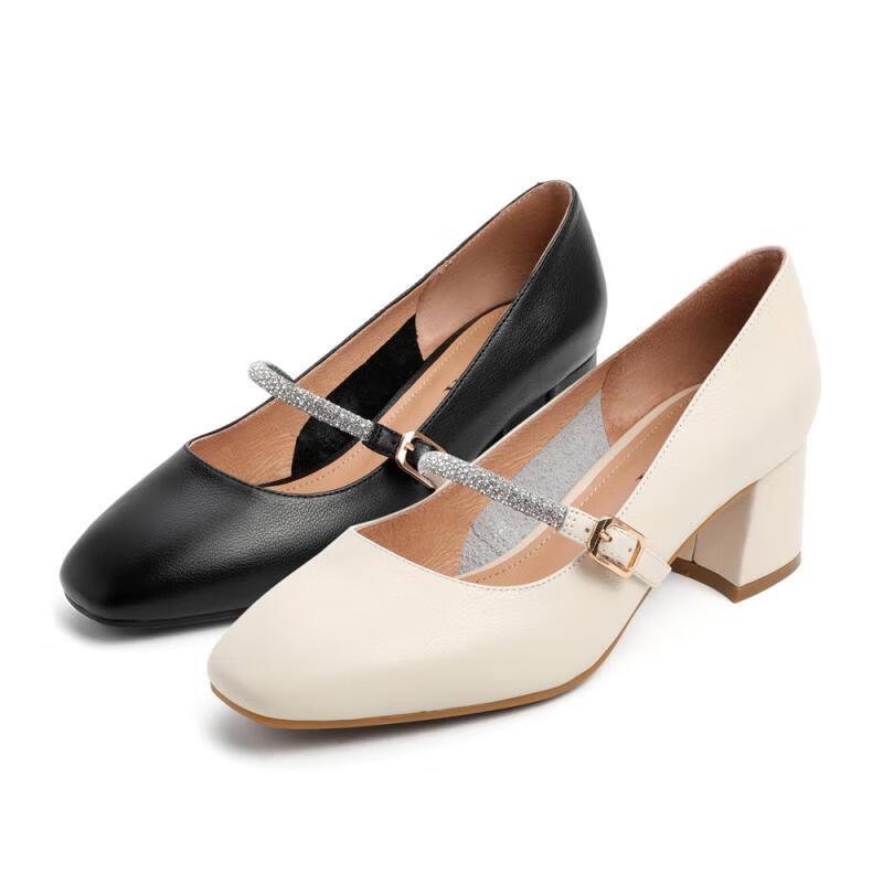 森达女鞋秋季新款商场同款知性气质玛丽珍粗跟女浅口单鞋3ze01cq0米白