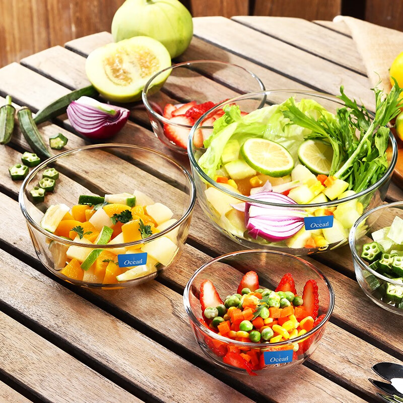 ocean泰国进口玻璃沙拉碗微波炉泡面汤碗五件套装3件