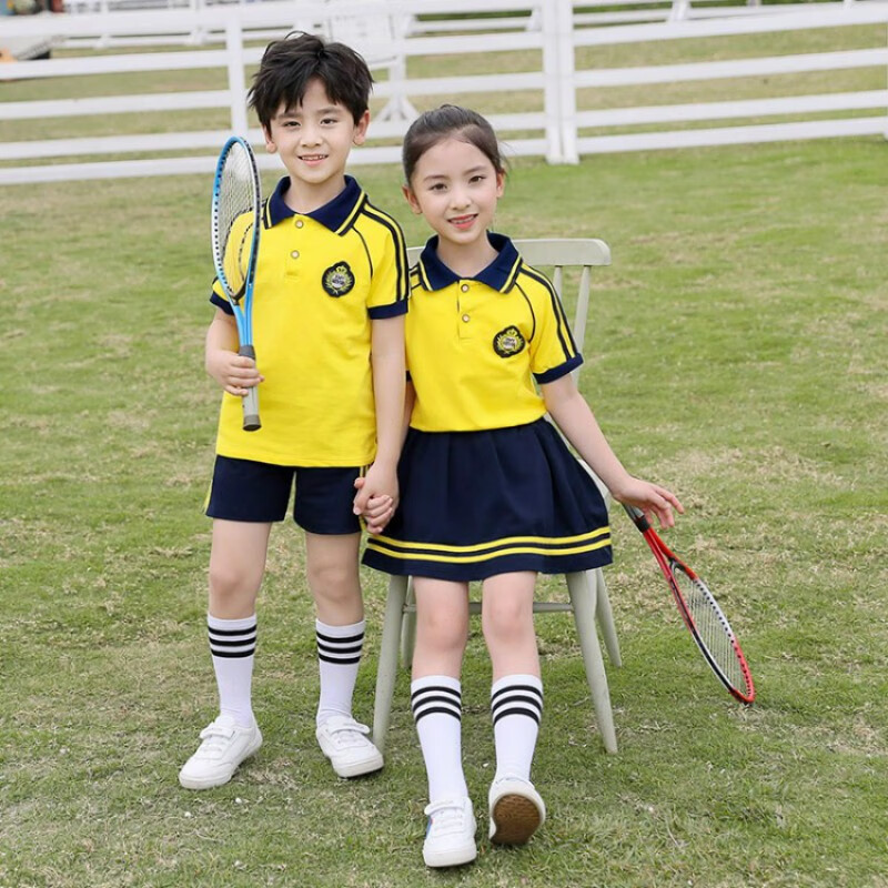 曼佳尔校服幼儿园园服夏装英伦风小学生校服套装夏季班服毕业照夏季短袖 黄色女童 吊牌120码适合身高105-115cm