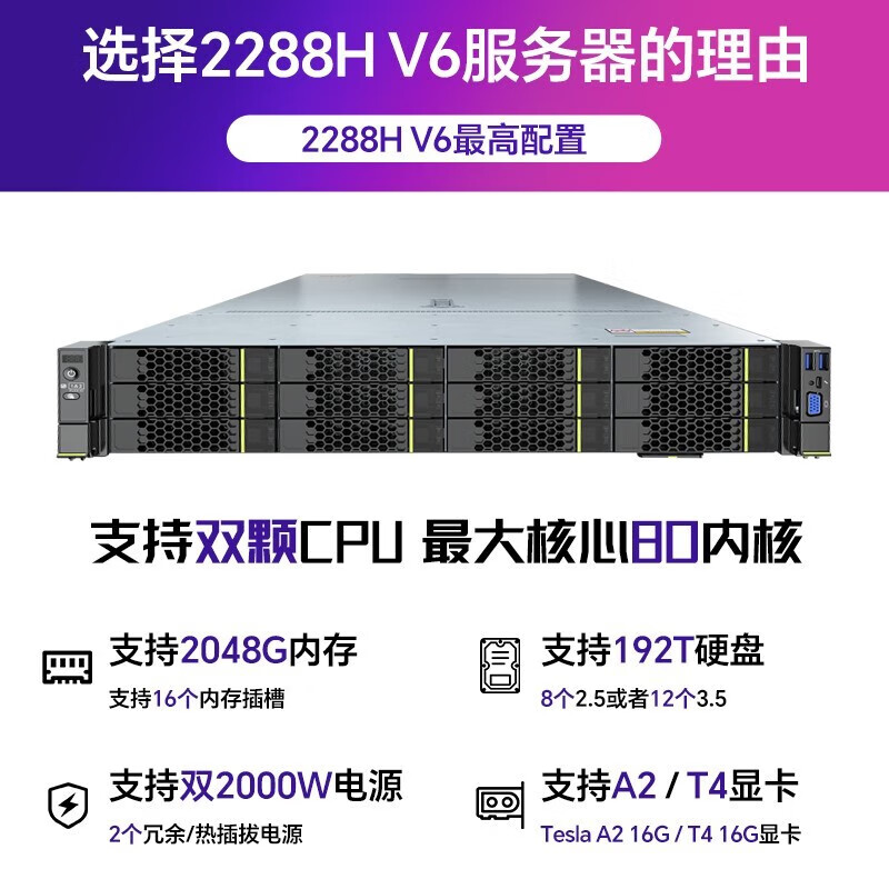 超聚变FusionServer 2288HV6服务器主机 2U机架式 数据库  深度学习  虚拟化 2颗银牌4309Y 16核 2.8GHz丨双电 32G内存丨6T SATA*3丨双口千兆