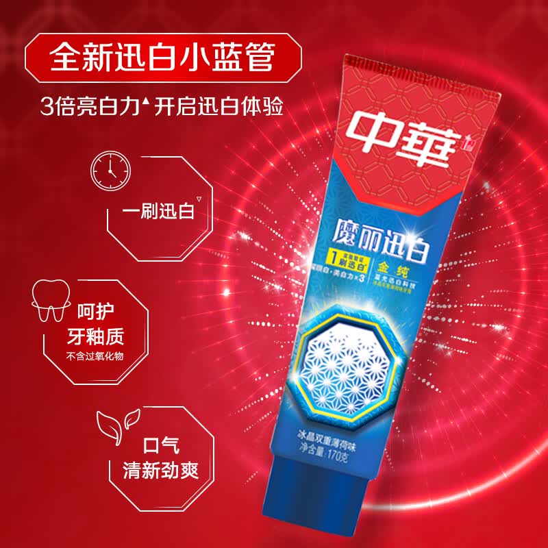 中华 金纯魔丽迅白牙膏 冰晶双重薄荷味 170g *2件