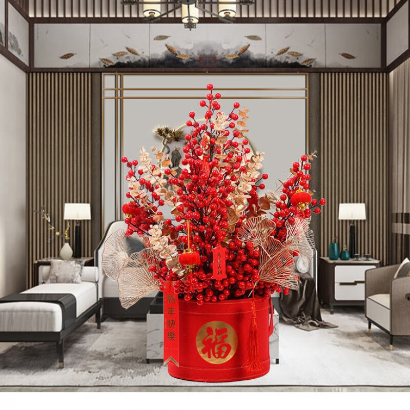 浩胜仿真发财果冬青果新年福桶红色浆果客厅假花摆设春节喜庆摆件花卉