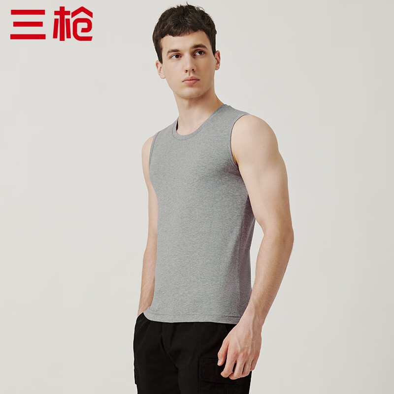 三枪背心男春秋弹力棉轻薄透气打底内衣男士无袖t恤浅麻灰m2件