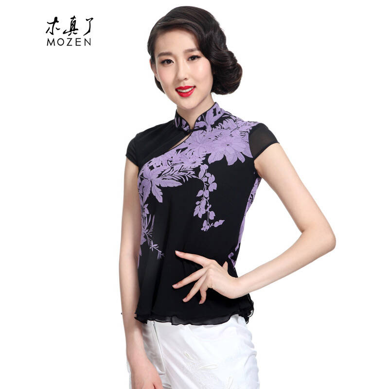 木真了2014夏季新款 雪纺波浪边立领印花上衣 90764 17浅紫色 xl