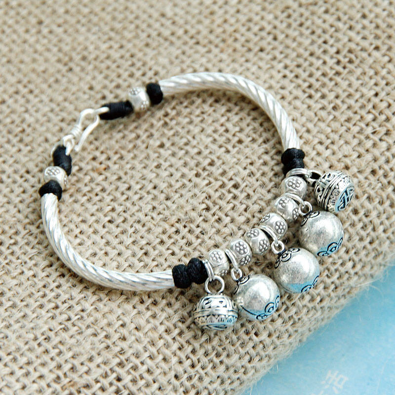合欢铃 纯银老银手工银五铃转运珠弯管手镯 幸运避邪铃铛女 多种颜色
