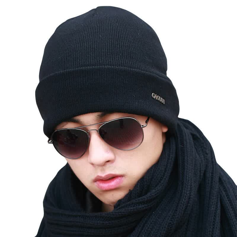 cacuss帽子 男冬 针织帽毛线帽 男 超柔毛线套头帽男士帽子z0079 黑色