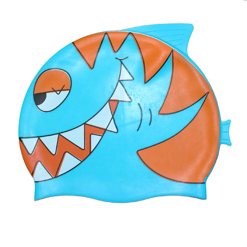 儿童泳帽 男童女童 硅胶防水护耳卡通游泳帽子 儿童卡通泳帽 蓝桔鲨鱼