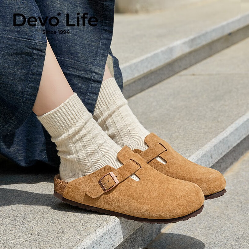 Devo 的沃 反绒牛皮 包头休闲勃肯鞋拖鞋 双重优惠折后￥142.1 男、女款多色可选