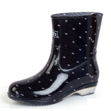 回力 Warrior 雨鞋女款中筒防水套脚劳保橡胶雨靴 HXL523 粉点黑 38