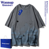 WASSUP UOSNE官方潮牌短袖t恤男士夏季潮流宽松纯棉半截袖男款重磅体恤上衣服 灰色 M