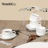 Mongdio欧式咖啡杯套装小精致拿铁杯 办公室创意陶瓷杯碟勺 银边4杯4碟4勺+银架 套装