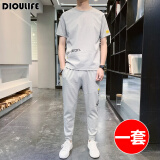 DIOULIFE 夏天男士休闲套装夏季韩版运动套装男衣服冰丝短袖T恤套装潮牌 855灰色 XL