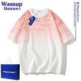 WASSUP UOSNE官方潮牌渐变色短袖t恤男士夏季休闲宽松五分袖潮流印花半袖上衣 白粉色 XL