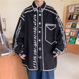 Radinka2024春秋新款设计涂鸦线条长袖衬衫男士宽松衬衣运动上衣外套YMS 黑色 XL