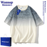 WASSUP UOSNE官方潮牌渐变色短袖t恤男士夏季休闲宽松五分袖潮流印花半袖上衣 杏蓝色 4XL
