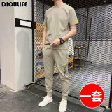 DIOULIFE 夏天男士休闲套装夏季韩版运动套装男衣服冰丝短袖T恤套装潮牌 855卡其 XXL