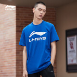 李宁（LI-NING）短袖T恤男士圆领半袖棉文化衫运动时尚字母潮流圆领国潮logo男装 暴风蓝-6 L