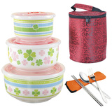 正兴阳陶瓷（ZHENGXINGYANG）陶瓷保鲜碗套装带盖保鲜盒密封大号泡面碗家用便当饭盒学生带饭碗 四叶草+保温提袋+餐具三件套