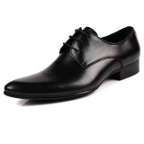 WOUFO男士正装皮鞋 英伦尖头商务男鞋 透气英伦休闲鞋牛皮男士婚鞋 黑色111-56 38