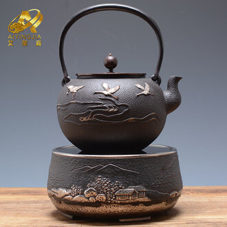 日本茶器 日本古铜精工松鹤纹铸物 日本古铜工艺，精