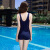 英发（YINGFA）2020新款女士泳衣 连体平角游泳衣  条纹显瘦时尚休闲泳装 Y1919-深蓝色(粉色线条) M(150-160厘米/40-48公斤)