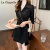 拉夏贝尔（La Chapelle）黑色连衣裙女2024春夏新款设计感高级气质衬衫裙收腰显瘦a字短裙 黑色 XL