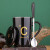 杯子陶瓷马克杯带盖勺创意个性潮流情侣咖啡杯男女牛奶杯水杯 经典-黑色款-C