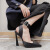 高跟鞋女细跟时装性感黑色方头大码绸缎女后空法式一字带单鞋 黑色6cm 43(售完不补)