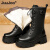 JuuJoo2024冬季新款粗跟高跟马丁靴女保暖加绒中筒短靴女真皮羊毛雪地靴 黑色羊毛 35