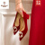 西域骆驼红色婚鞋女2024年新款新娘伴娘鞋秀禾婚纱两穿高跟鞋粗跟单鞋软底 酒红色(粗跟4厘米) 34
