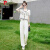 皮尔卡丹国风蕾丝薄款套装女2024夏季新款小清新减龄透气休闲裤两件装 白色 M90-110斤