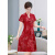皮尔卡丹中年高端牛奶丝连衣裙女装春夏新款时尚短袖修身中长款旗袍裙 红色 XL 95斤-110斤