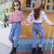 井柏凝女童夏季套装适合4-16岁女生穿的韩版休闲短袖衬衫+牛仔九分裤儿 紫粉色套装 110 正码