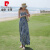 皮尔卡丹（pierre cardin）泰国度假露背连衣裙超仙民族风吊带长裙沙滩海边气质蓝色雪纺裙子 花色 S
