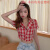 沐铭尔莱夏季新款韩版超火少女感短款露脐短袖格子衬衫女小个子上衣女 红色 S码 90斤内