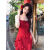JRKBL连衣裙2024夏天新款女装气质女神范红玫瑰法式红色开衩长裙修身吊 开衫 S