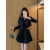 FQCK加棉新款小众设计高级感气质复古黑色裙子两件小香风套装女春秋装 黑色外套+裙子 S