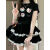 珈岑女士短袖高档上衣女时尚一点白搭甜辣风蕾丝领短袖T恤猫玩偶挂件 黑色上衣+蛋糕短裙 XL