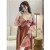 KJ睡衣女性感吊带胸垫两件套金丝绒睡裙长袖睡袍秋冬新款家居服套装 酒红色  M(80-105斤)