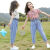 井柏凝女童夏季套装适合4-16岁女生穿的韩版休闲短袖衬衫+牛仔九分裤儿 紫粉色套装 110 正码