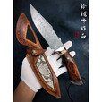 雨轩户外户外博弈直刀95层锻造大马士革钢刀云眼花纹刀身猛犸齿沙铁木手柄